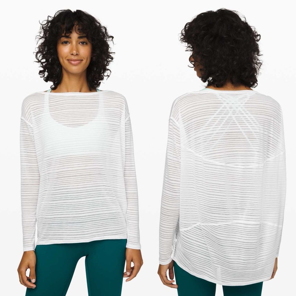 LULULEMON Back in Action Long Sleeve *Sheer in 
Luminous Stripe Burnout White